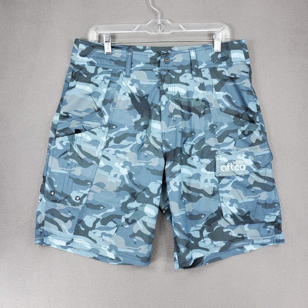 AFTCO Fishing Shorts Men 32 Blue Camo Tactical Cargo AFLEX AFGUARD Stretch 6-Pkt